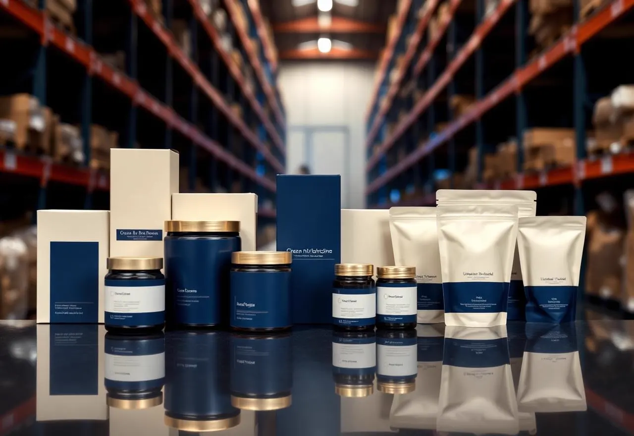 Private label product packaging arranged in a fulfilment warehouse
